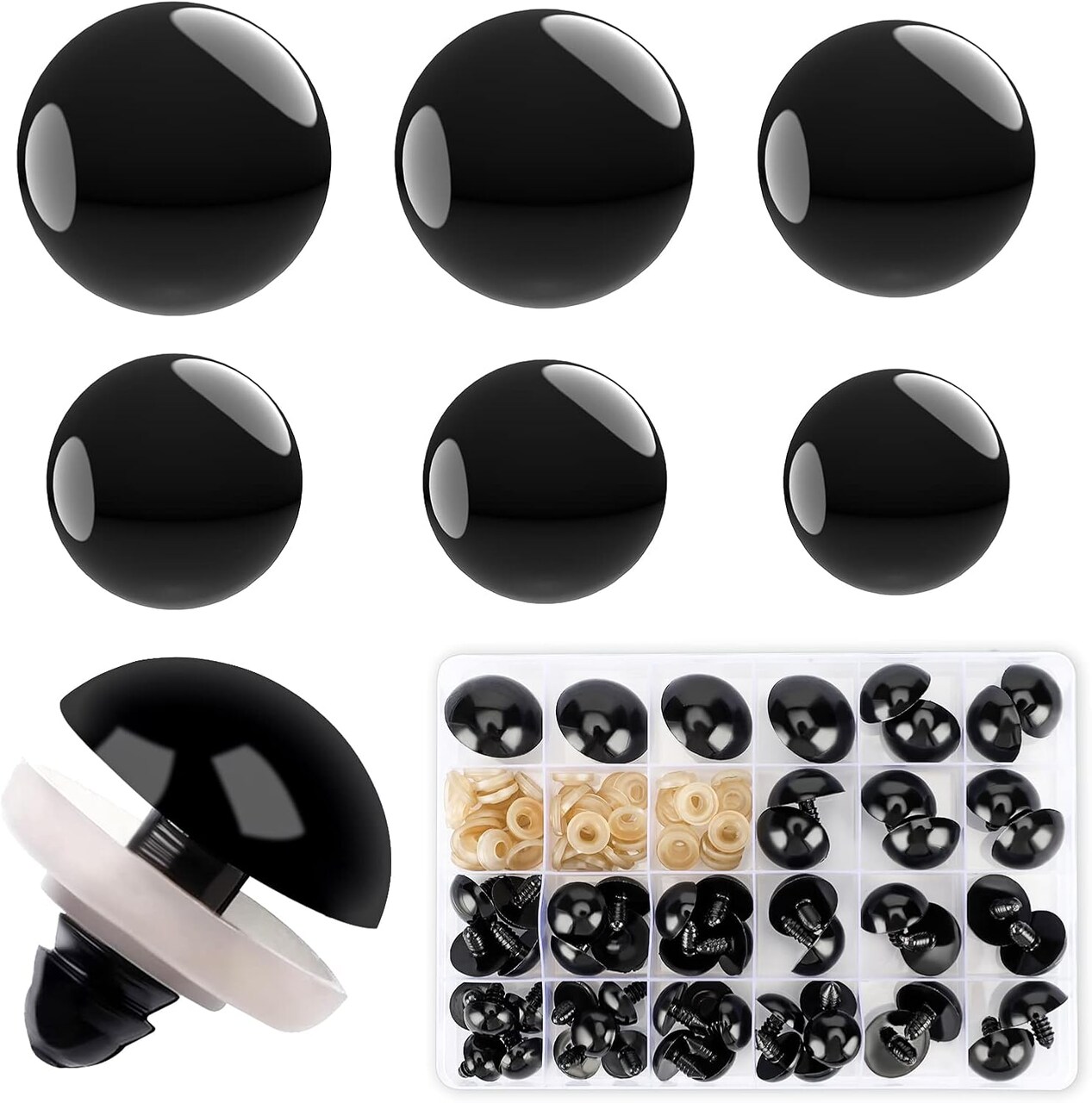 Large Black Safety Eyes 16–30mm with Washers – Assorted Size Plastic Eyes for Amigurumi, Crochet Dolls, Stuffed Animals & Teddy Bear Making (Buylorco)